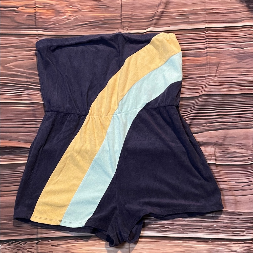Wild Fable Terry Strapless Romper Navy with Yellow and Light Blue Stripes